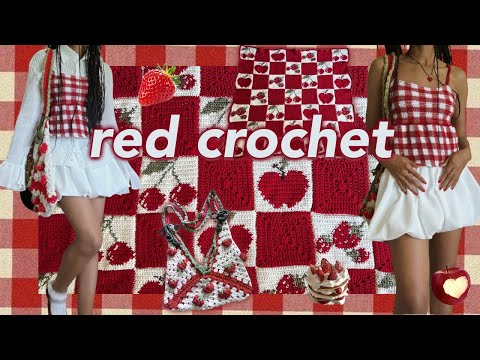 🍓 Red Crochet | 🍒 fruit blanket, gingham top 🍰, strawberry tote bag 🍓