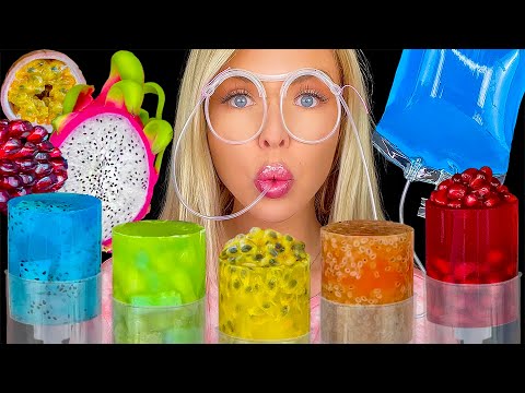 ASMR EXOTIC FRUITS MUKBANG, PASSION FRUIT PUSH POP, BASIL SEEDS, PEACH DRINK, POMEGRANATE JELLO 먹방