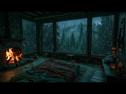 Listen To Heavy Rain and Thunder with Fireplace Sounds For Sleeping, Relaxing🌧Dark Bedroom Ambience