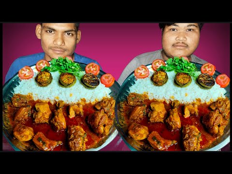 Spicy Chicken Curry With 🍆 Brinjal Fry With Rice & Tomato Eating Challenge Video |  Food Competition