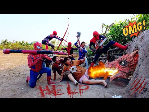 Crazy, 5 brave Spider-Man use all heavy weapons to destroy the ferocious fire dragon to save 2 girls