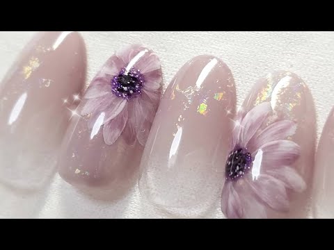 グレイッシュパープルフラワーネイルアート♡grayish purple flower nailart