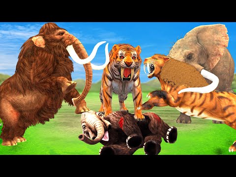 Giant Tiger Attacks Baby Mammoth Saved By 2 Giant Bull, Woolly Mammoth VS Saber-Toothed Tiger Fight