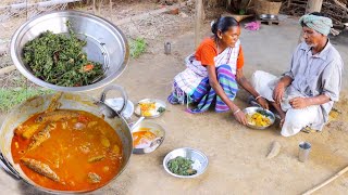 FISH CURRY & SHAK VAJI cooking and eating by our santali tribe couple