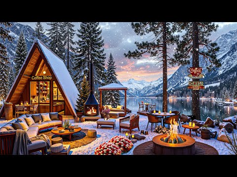 Enchanting Winter Outdoor Cafe Shop Scene ❄️☕ Relaxing Jazz Music & Snowy Forest View for Peaceful