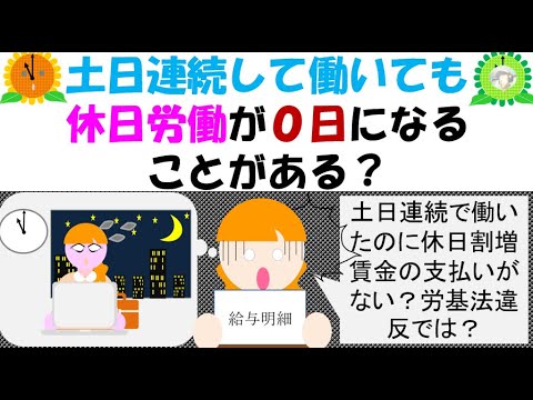 土日連続して働いても休日労働が０日になることがある？労働基準法第35条で休日は週1日と明記されている。ということは土日共に労働した場合は、少なくとも1日は割増賃金35％の支払いがあるはずと思いがちだが