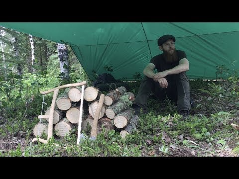 3 Days Solo Bushcraft - Campfire Cooking, Pipe Carving, Bench, Raised Bed + More