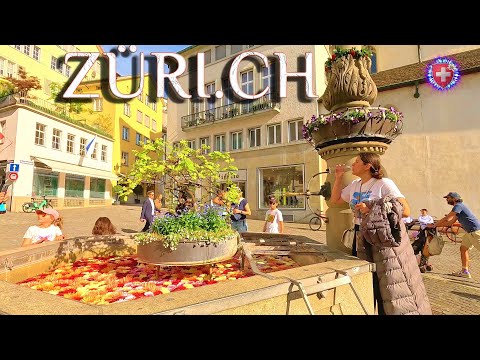 ZURICH SWITZERLAND ✨ Stroll around BAHNHOFSTRASSE & Limmat River 4K / Flowers in fountain