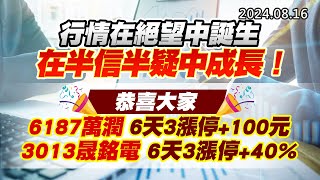 20240816《股市最錢線》#高閔漳 “行情在絕望中誕生，在半信半疑中成長！”“恭喜大家，6187萬潤6天3漲停+100元；3013晟銘電6天3漲停+40%”