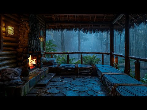 Rainy Cottage Porch Inside The Forest⛈️ Heavy Rain and Fireplace Sounds For Sleeping, Relaxing