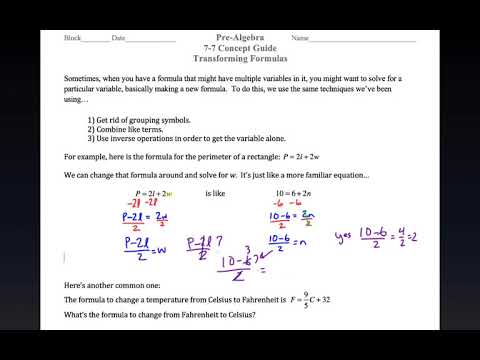 Pre Algebra: 7-7 Transforming Formulas