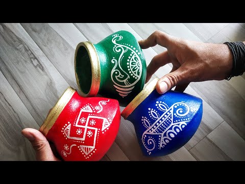 3 Easy pot decoration with ShubhChinha | Pot painting ideas | Colorpot Craft | Designer Pot Painting