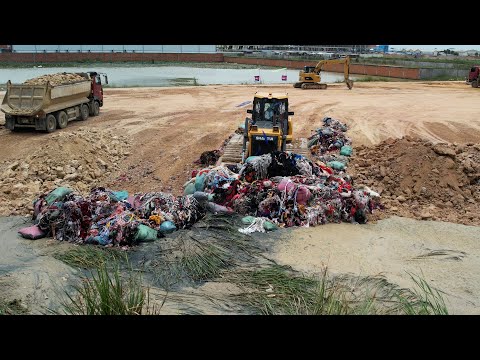 The Incredible Land Filling Activities Skillful Dozer Pushing Soil Stone, 25 5t Dump Truck Unloading