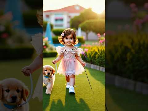 Cute baby girl and puppy