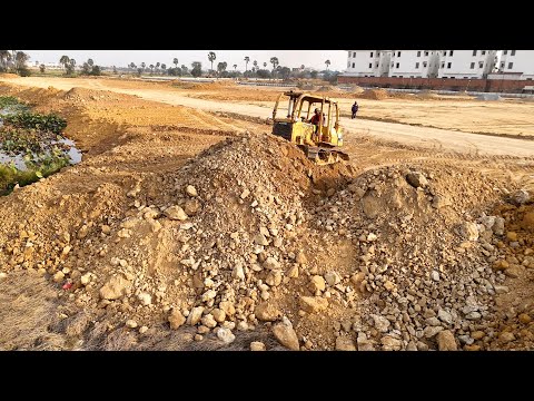 Skill Technique Operator Land Leveling Process By Komatsu D58E Pushing & Big Dump Truck Unloading