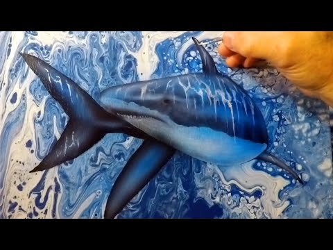 great white shark acrylic painting with fluid art