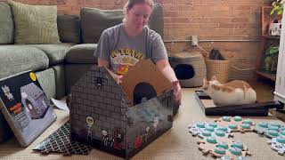 My cute cat helps put together a spooky cat scratcher!!