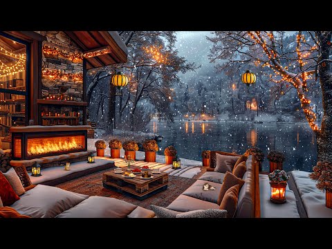 Morning Coffee Porch Ambience with Gentle Snowfall by the Lakeside ☕ Smooth Jazz Instrumental Music