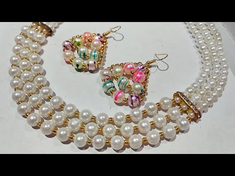 Pearl Necklace | Easy 3 Layer Pearl Chain | How To Make Jewellery | Onam Special | Shabna's Designs