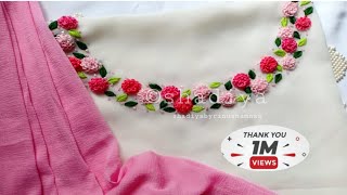 Hand embroidery ring knot flower neck design for kurti salwar|embroidery neckline