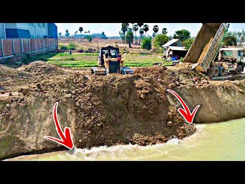 Best Road Construction Along Canal, Bulldozer Pushing Dirt Drop To Water- Komatsu D60P