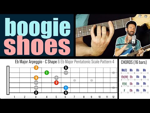 Funky 16 Bar Major Blues!  "Boogie Shoes"  by KC & the Sunshine Band  - Riffs & SOLO Guitar Lesson