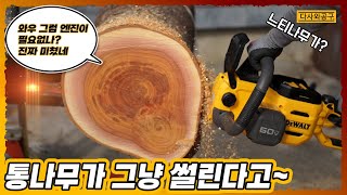 [#127] 충전체인톱 맞아? 45cm 느티나무 통나무를 그냥 싹뚝~ 엔진 필요없네 DCMCS574, DCMCS575 다사와공구 "공구장"