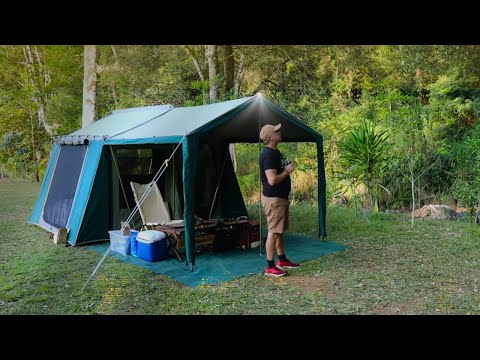 SOLO Camping in a $100 Canvas Cabin Tent [Escape the Stress, ASMR, Nature Sounds, Relaxing]