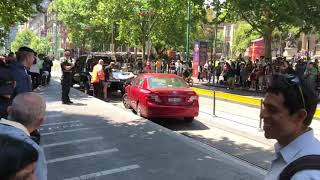 Unusual parking at the Melbourne Central tram stop.