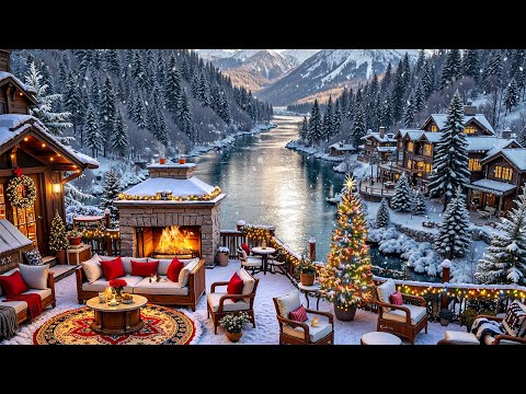 Soft Jazz Music In Lakeside❄️ Cozy Outdoor Winter Coffee Shop Ambience With Warm Fireplace For Relax