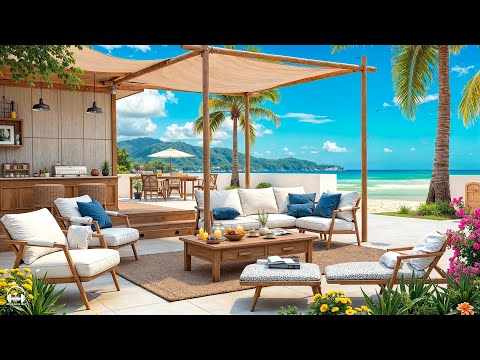 Outdoor Seaside Cafe Ambience with Sweet Bossa Nova Jazz Music & Ocean Wave Sounds for Happy Moods