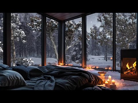 Silent Snowstorm Nights 🌨️ Cozy Cabin Vibes with Jazz and Fireplace Sounds