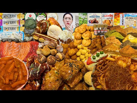 SUB)먹방 VLOG)맵슐랭+불패치킨+로제떡볶이 엽떡국물닭발+당면사리+연어파티 버터바 비스킷슈 빵파티 할매입맛쿠키 공주밤빵 누텔라비스킷 신상과자 디저트 박여사님생신❤️MUKBANG