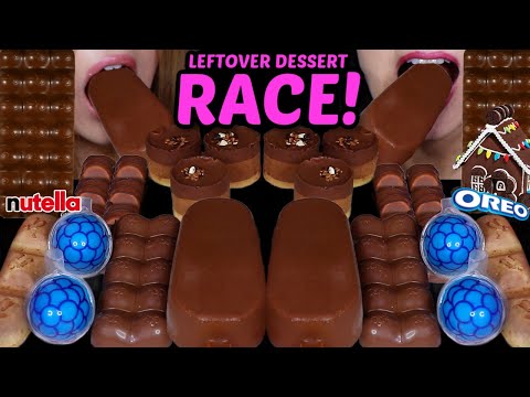 ASMR LEFTOVER DESSERT RACE! MINI CHOCOLATE MOUSSE CAKE, BLUE RASPBERRY GUMMY, BIG CHOCO ICE CREAM