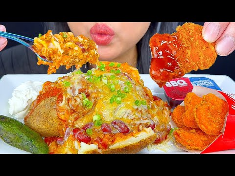 ASMR GIANT BAKED JACKET POTATO WITH CHILI CHEESE & SPICY NUGGETS | MUKBANG | ASMR PHAN