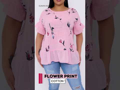 Rose Flower Print Flared Hem Cotton Top #fashion #shorts #wholesalemarket #plussize #europafashions