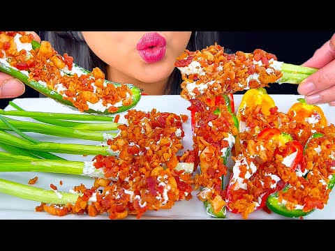 ASMR CREAM CHEESE BACON RAW GREEN ONIONS & FRESH RAW JALAPEÑO POPPERS | MUKBANG | ASMR Phan