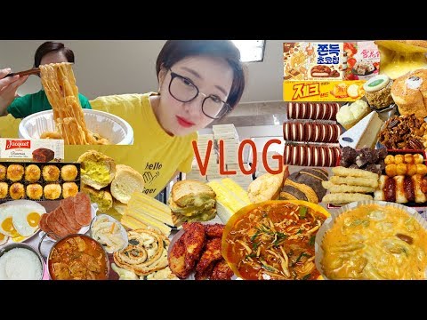 SUB)먹방)매콤까르보나라떡볶이 대창전골 김치찌개+스팸 스타벅스털기 코롬방제과 홍루이젠 몽블랑 무침만두 뿌리고치킨 오레오 소곱창 집밥 맘모스빵 빵파티 오떡후 VLOG MUKBANG