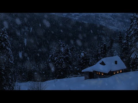 Relaxing Snow Falling and Wind Blowing Sounds in a Winter Landscape with an Old Cozy Mountain Cabin