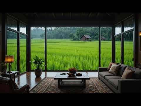 enjoying relaxing music in the living room of a country house with a view of rainy rice fields