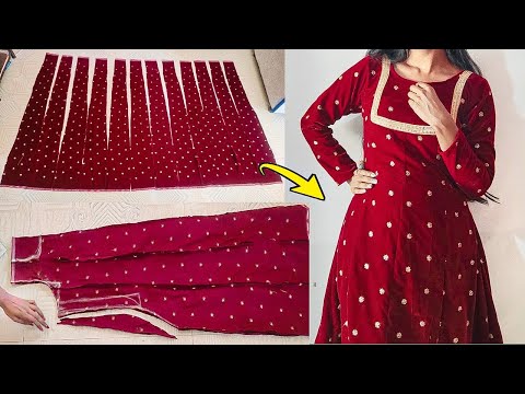 Anarkali (12 Panel) Dress Cutting and Stitching | Top to Bottom Panel Velvet dress cutting easily