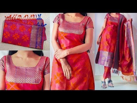 Convert Saree into Kurta Set | kurti/suit/kameez cutting & stitching for beginners | kurti stitching