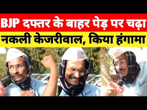 BJP दफ्तर के बाहर पेड़ पर चढ़ा नकली केजरीवाल, किया हंगामा.! Delhi New CM । BJP । Kejriwal News