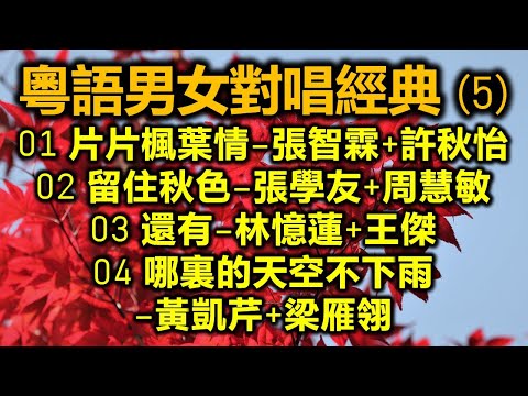 粵語男女對唱經典 (5)（内附歌詞）01 片片楓葉情–張智霖+許秋怡；02 留住秋色–張學友+周慧敏；03 還有–林憶蓮+王傑；04 哪裏的天空不下雨–黃凱芹+梁雁翎