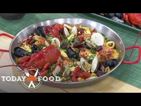 Get the recipe for Bobby Flay’s chicken and shellfish paella!