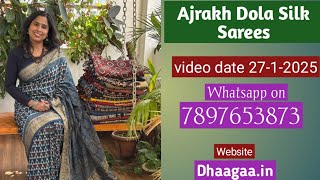 Ajrakh Dola Silk Sarees . Traditional and Contemporary Ajrakh Sarees .