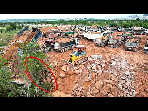 WONDERFUL ACTION! Huge Project Performance 100 Dump Truck Unloading Rock&Soil,Bulldozer Pushing Rock