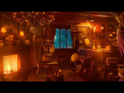 Antique Shop Ambience - Light Rain Sounds Indoors with Crackling Fireplace for Relaxation