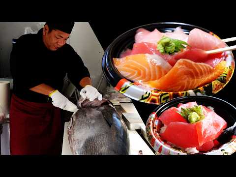 Tuna disassembled in a kitchen car!Sushi restaurant with a long queue