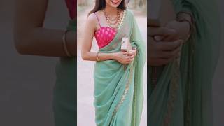 #shorts ♥️ Plain Saree With Printed Blouse Designs/Plain Saree With Contrast Blouse Design #viral♥️